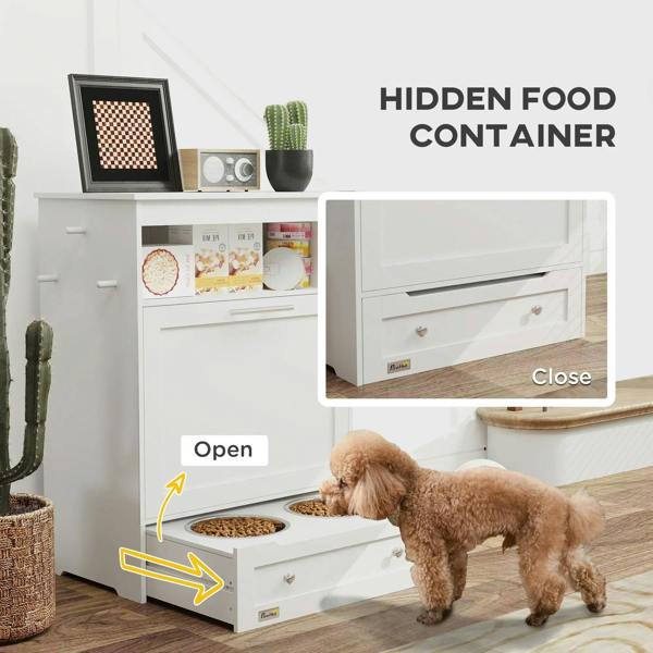 White pet feeder station with hidden food storage and raised bowls for dogs or cats.