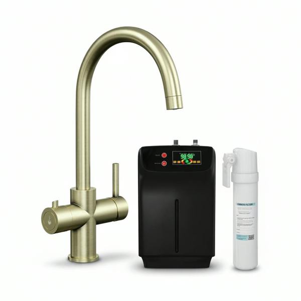 Brushed brass boiling water tap, boiler and carbon rod filter on a white background