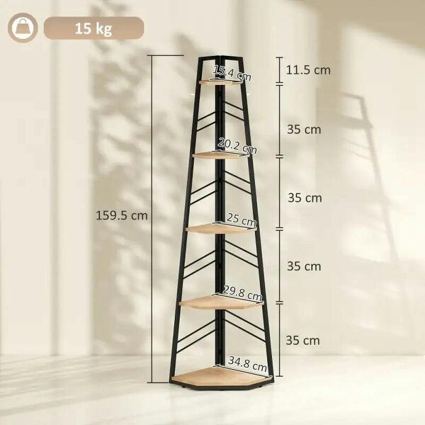 Corner Bookcase, 5-Tier Floor Standing Bookshelf, Shelving Unit for Living Room, Study, Bedroom, Natural Wood Finish