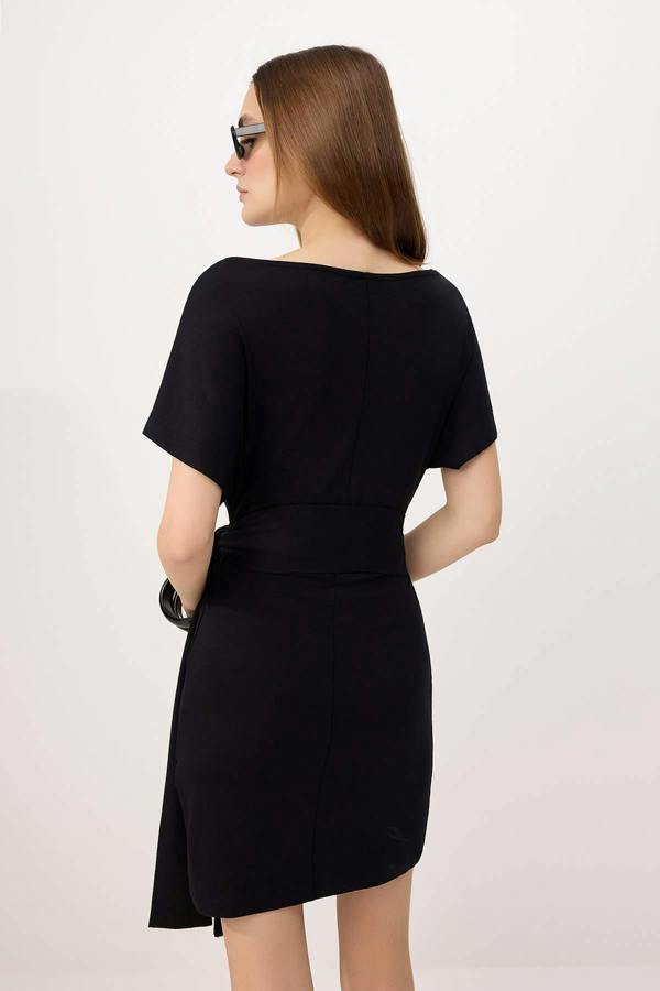 WOVCOR Bodycon Asymmetric Neck Tie Detail Short Sleeve Mini Dress
