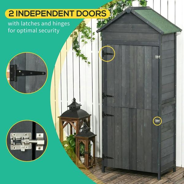 Grey wooden garden shed with two independent doors and metal latch hardware