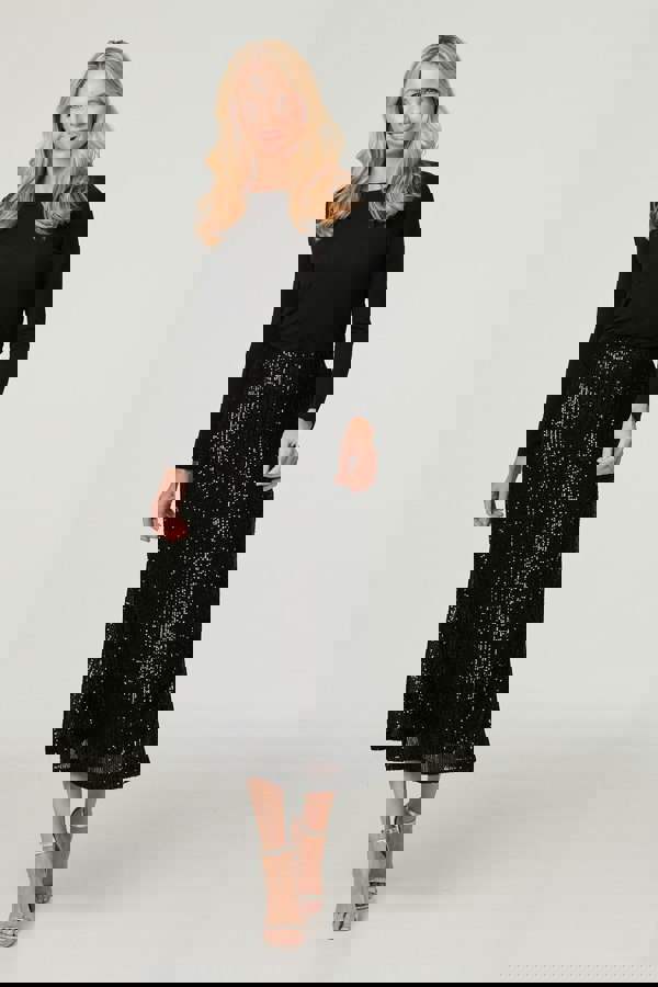 Black | Sequin High Waist Semi Sheer Midi Skirt
