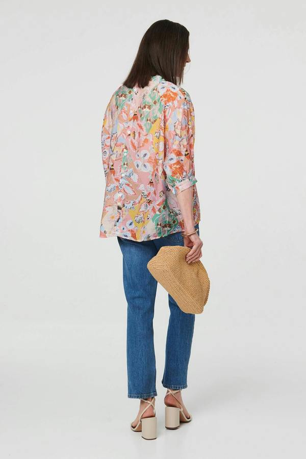 Pink | Abstract Curved Hem 3/4 Sleeve Blouse