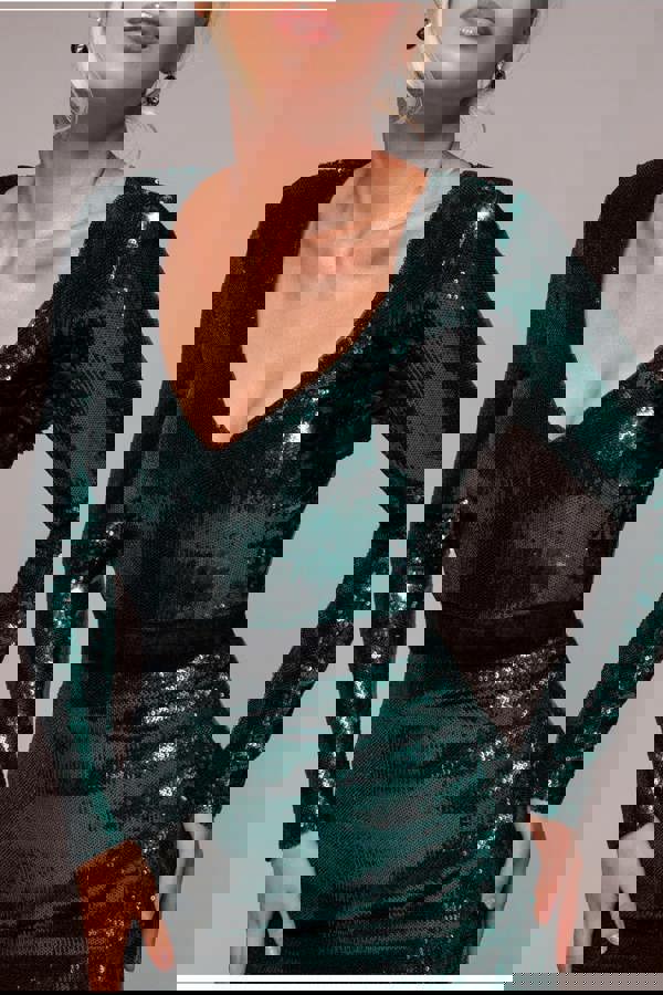 Liquid Sequin Midi With Corsage - Emerald Green DR4072