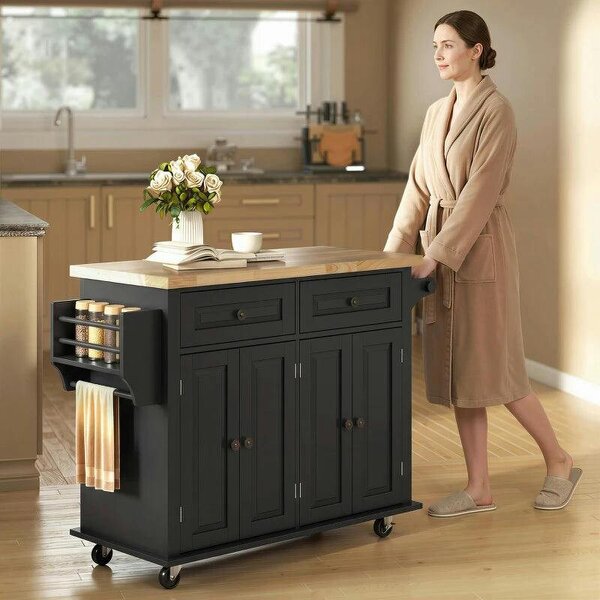 Kitchen Island on Wheels, Rolling Kitchen Trolley with Rubberwood Top, 2 Drawers, Adjustable Shelves, Black