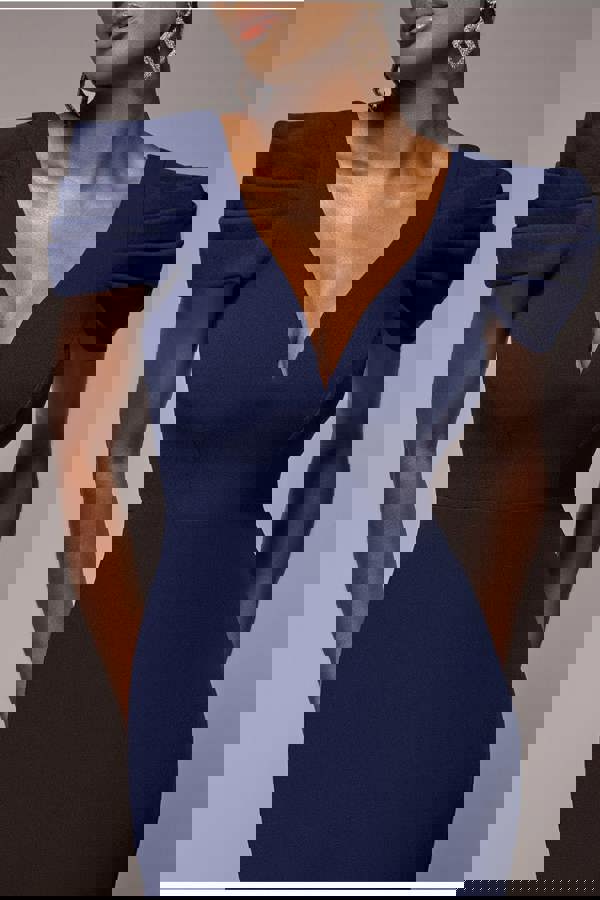 Plunging Neck Pleated Sleeves Scuba Maxi Dress - Navy Blue DR4820