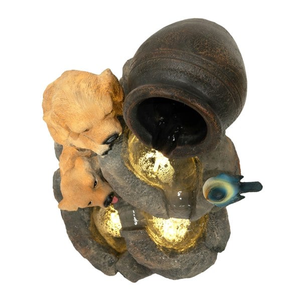 Electric water feature depicting two playful golden retriever puppies beside a rustic pot, with flowing water and soft lighting