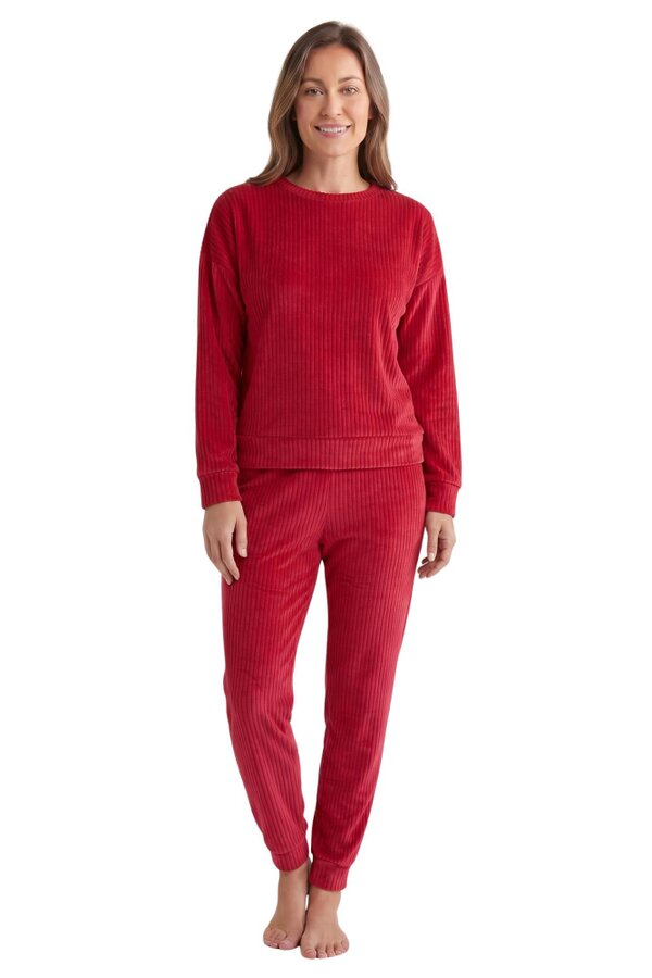 Camille Womens Ribbed Jacquard Velvet Fleece Pyjama Set - Burgundy