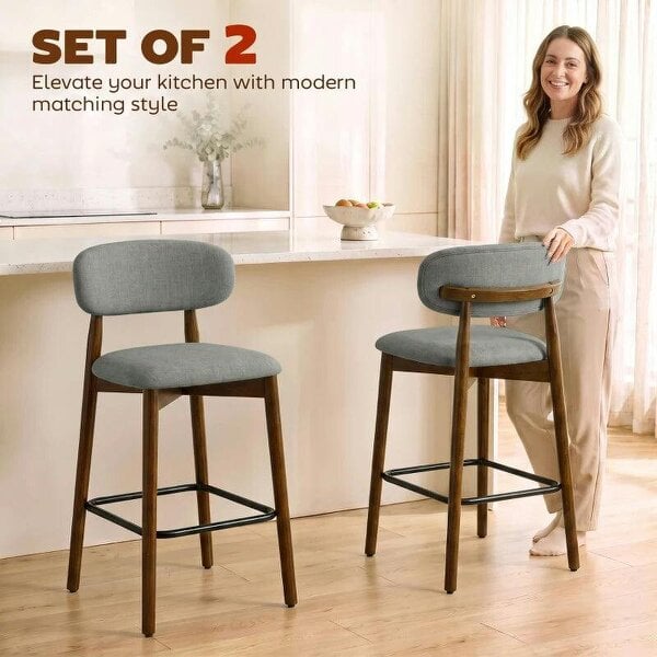 Bar Stools Curved Open Back Padded Seat Footrest Set of 2 for Kitchen Grey