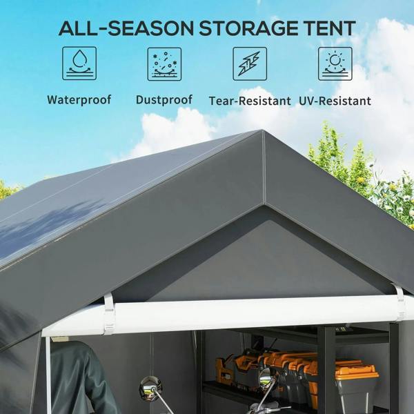 Dark grey all-season storage shed tent with peaked roof and white support bars