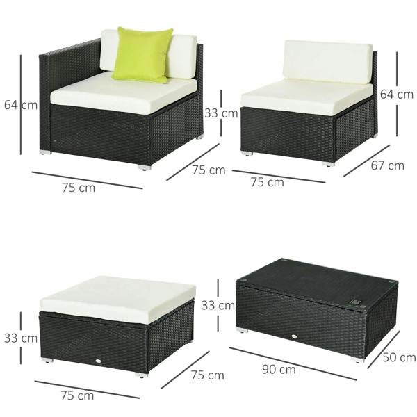Black rattan sectional sofa set with white cushions and lime green pillow; size layout