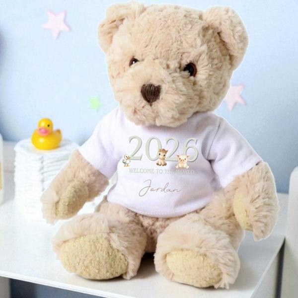 Personalised Taupe Farm Animals Baby Gift Box - Teddy & Vest