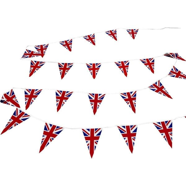 Union Jack flag bunting featuring vibrant red, white, and blue triangular flags, strung along a durable white cord, ideal for celebrations