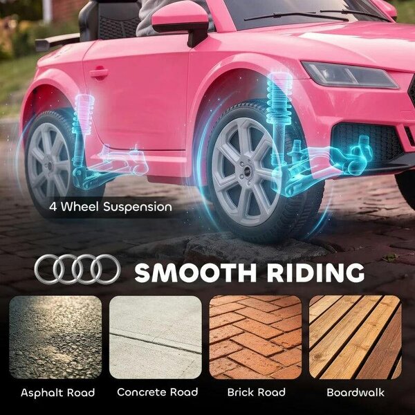 12V Audi TT RS Licensed Electric Car, Electric Ride On Toy with Remote Control, Dual Motors, 4-Wheel Suspension, Pink