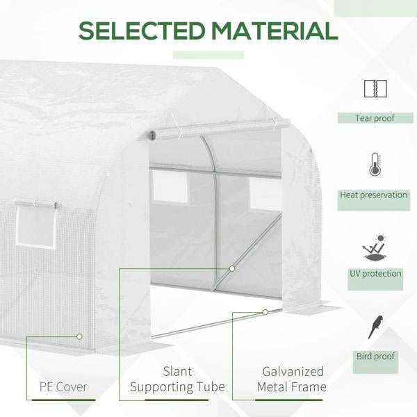 White greenhouse with PE cover, galvanized metal frame, and slant support tubes