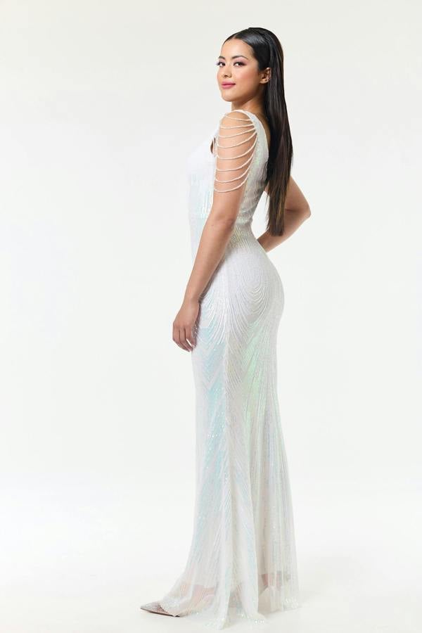 LuvForever Riona - White Jewelled Shoulder Sequin Maxi Dress