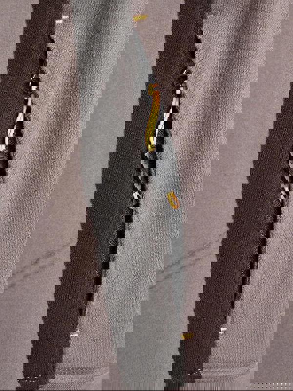 JCB Crew Trade Mens Work Pullover Sweatshirt, close-up of a zipper pocket with yellow drawstring and black zipper on gray and black fabric.