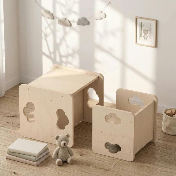 Montessori Inspired Toddler Table and Chair Set with 3-Level Heights, Weaning Baby Tables Chair Set for 18-36 M, Natural