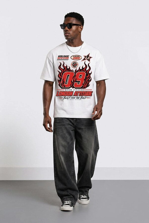 London Attitude Racing Oversized Heavyweight Graphic T-Shirt in White