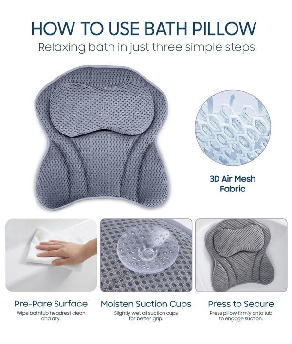 ADOV Bath Pillow, Ergonomic 4D Air Mesh Headrest Cushion with 6 Suction Cups for Head, Neck and Back Support