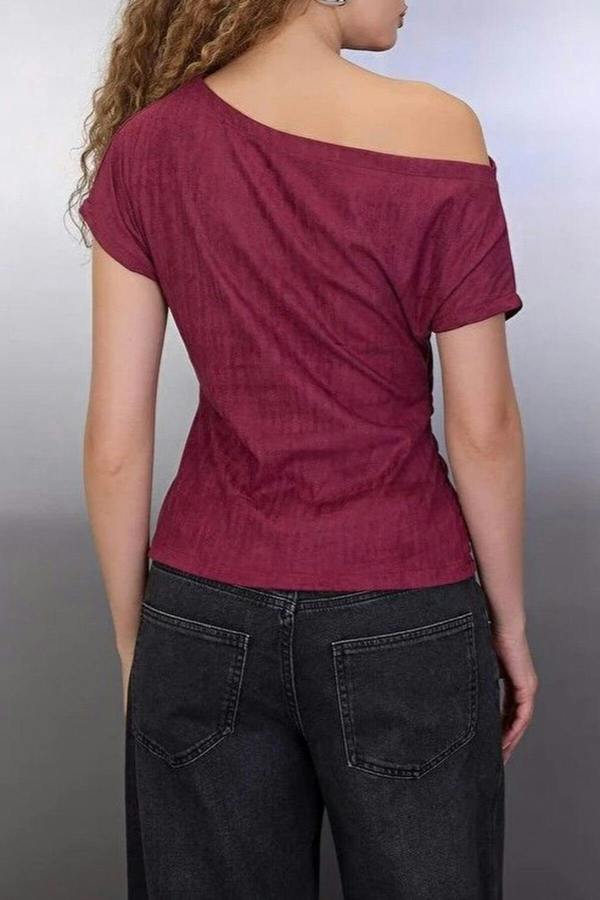 WOVCOR Asymmetrical Collar Knit Suede Blouse