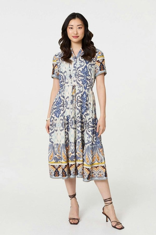 Grey | Patchwork Print Short Sleeve Midi Dress
