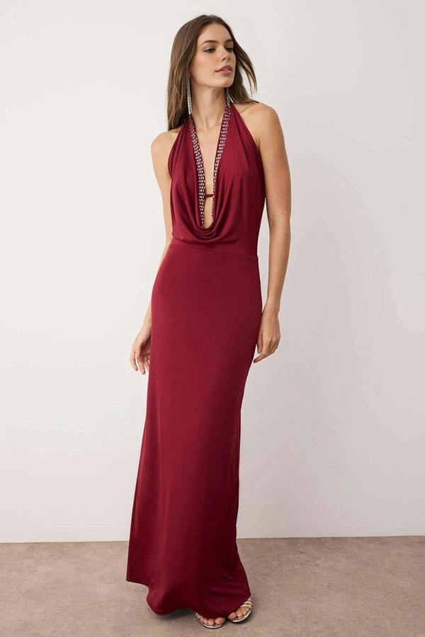 WOVCOR Cowl Neck Evening Dress with Shiny Stone Detail