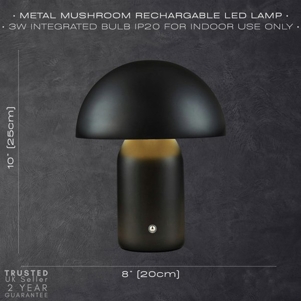 Modern Rechargeable Mushroom Table Lamp in Mat Black with Touch Dimmer Button Image 7