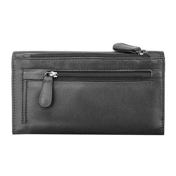 Back view of black leather wallet with a zipper on a white background