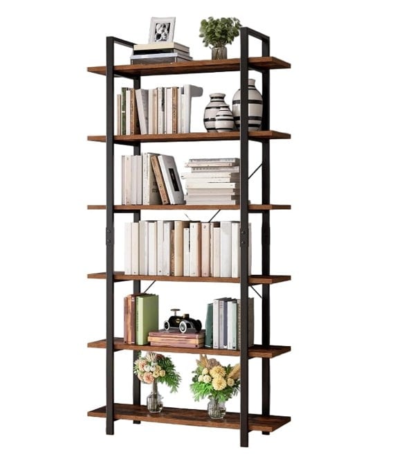 Modcraft Tall 6-Tier Bookcase 210cm Vintage Brown & Black Freestanding Bookshelf for Living Room & Office