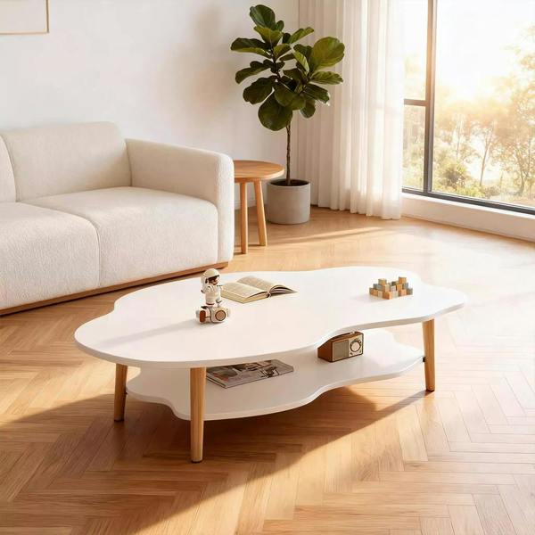 Havendro White 2-Tier Cloud Coffee Table Modern Living Room Desk with Storage Shelf