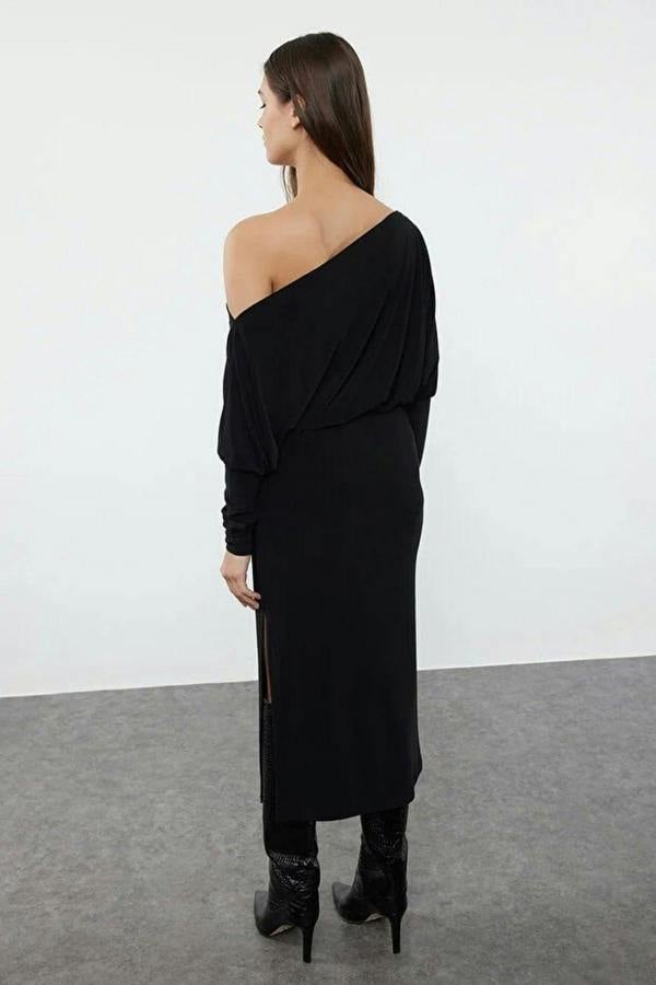 WOVCOR Asymmetrical Collar Stretchy Midi Knit Dress