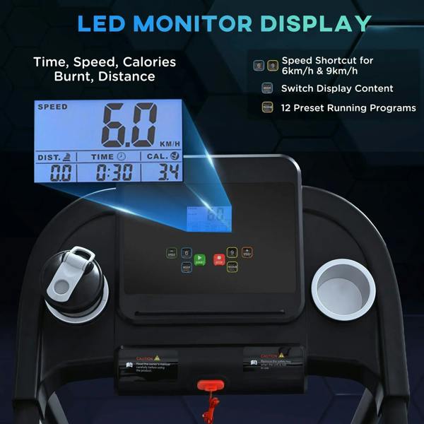 Black treadmill console with bright LED monitor display and control buttons