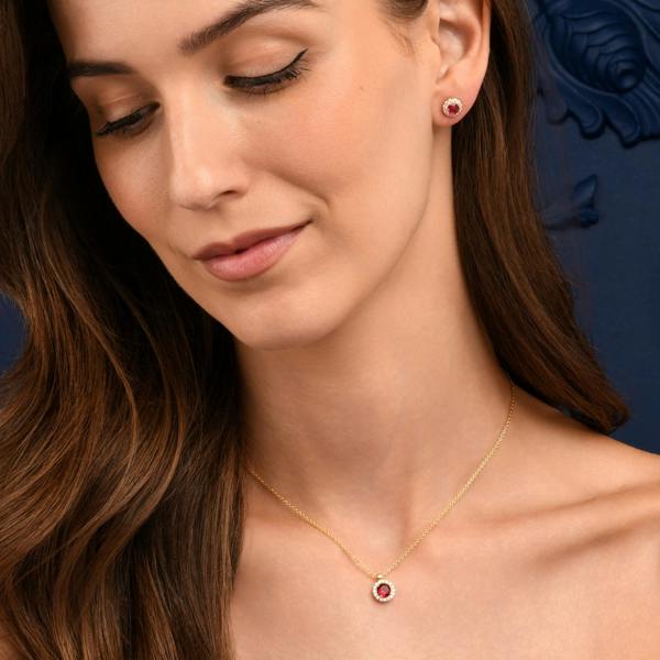 namana Gold Plated Sterling Silver Red Cubic Zirconia Round Halo Pendant Necklace