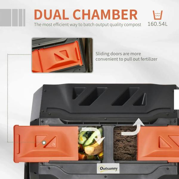 Dual-chamber composter with two orange sliding doors showing compost inside