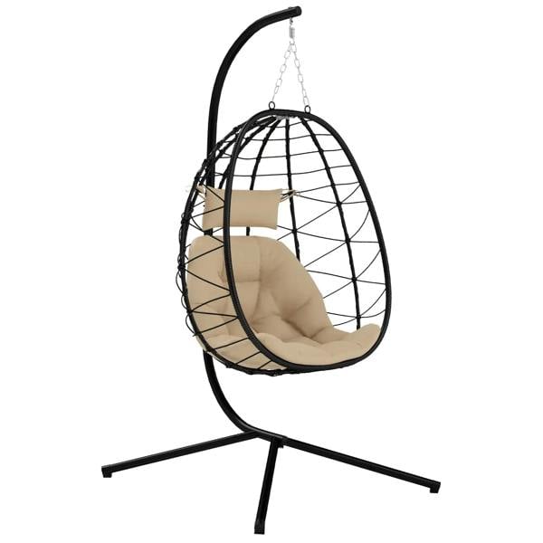 Hanging egg chair with stand, black wicker frame and beige padded cushion with headrest
