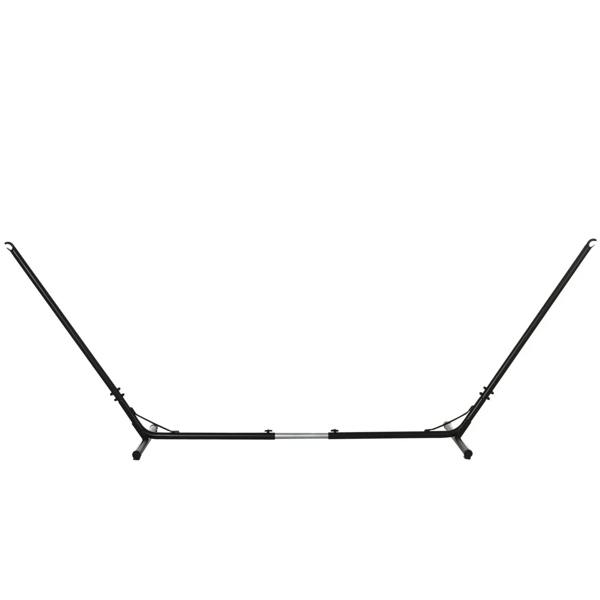 Black metal hammock stand frame, centered view with two end supports and crossbar.