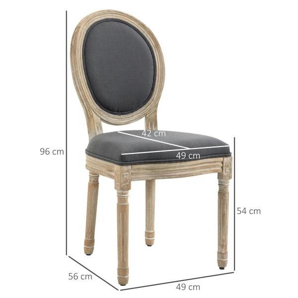 Grey dining chair with oval backrest and thick upholstered seat, with dimensions