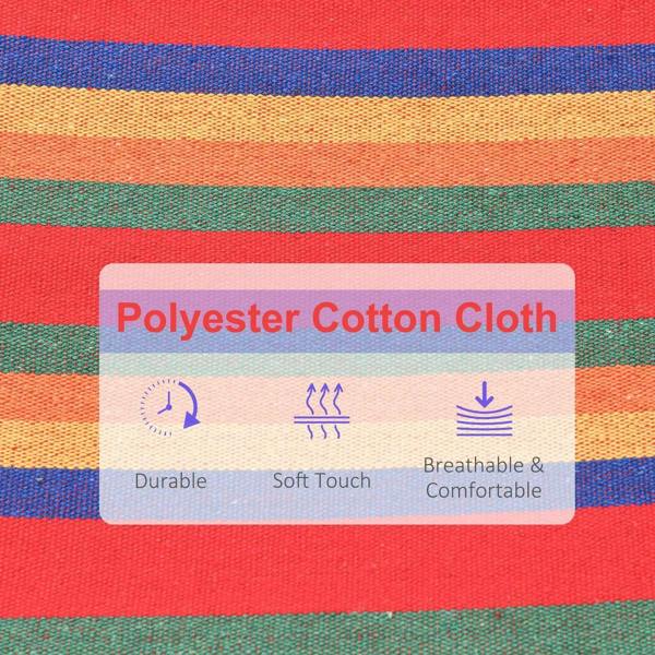 Close-up of rainbow striped woven hammock fabric, showing red blue green orange bands