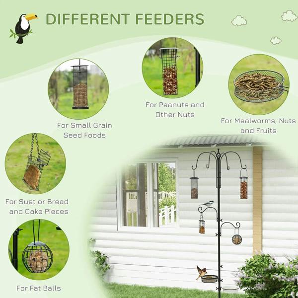 Black bird feeding station with hanging feeders for nuts, seeds, and fat balls