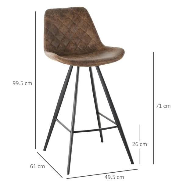 Brown quilted padded bar stool with arched seat, steel legs, and footrest
