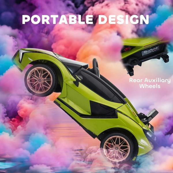 Green ride-on electric toy car side view with rear auxiliary wheels and black interior