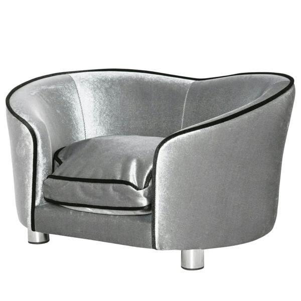 Grey plush pet sofa chair with black piping and two-tier cushion