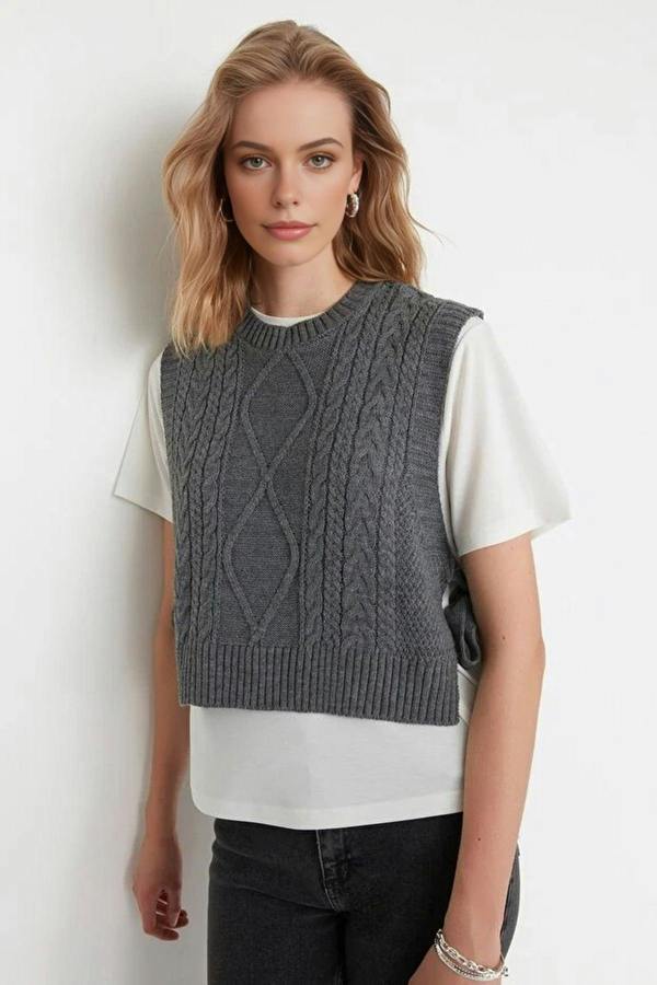 WOVCOR Crop Knit Sweater with Side Ribbon Tie Detail