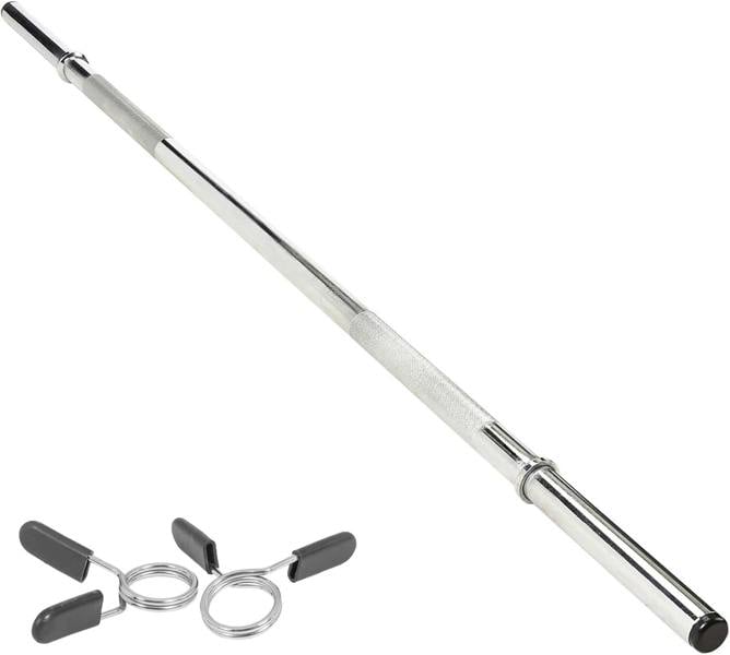 Straight barbell bar, 1" standard, 1.2m length, featuring a shiny chrome finish, knurled grip, and included springlock clips for secure weight plates