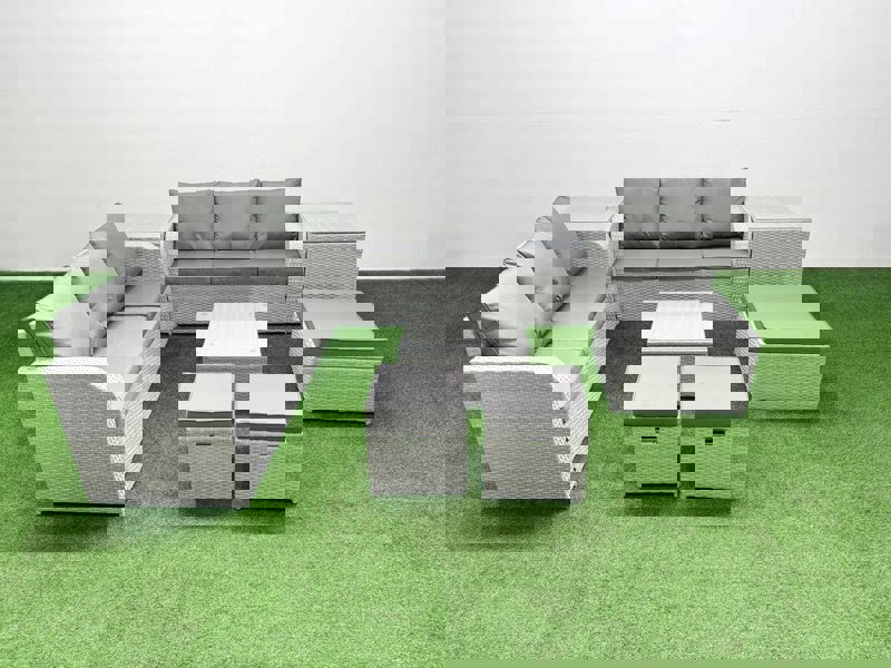 Fimous Outdoor Garden Furniture Set 9 Seater Rattan Furniture Sofa Set with Square Coffee Table high Back Lounge Sofa 3 Stools 2 Side Table Light Grey