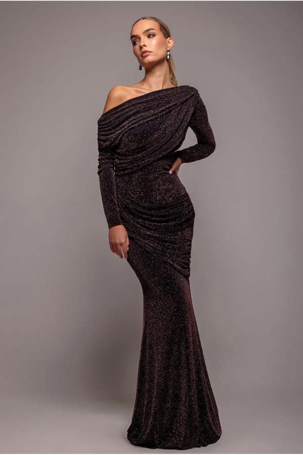 Off The Shoulder Gathered Panel Sparkle Lurex Maxi Dress - Black Rose DR4675
