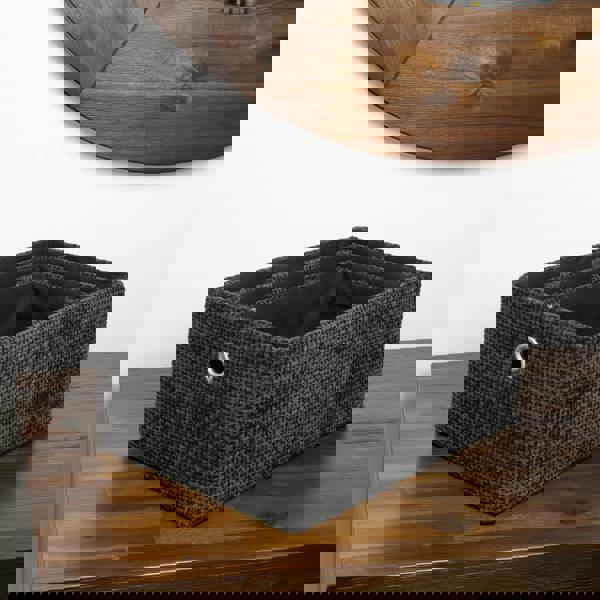 JVL Metro Rectangular Fabric Storage Baskets for Home Organisation, Set of 3, Black