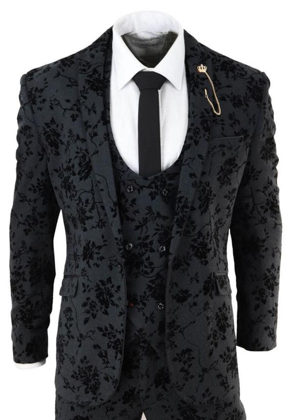 House of Cavani Mens 3 Piece Black Paisley Velvet Dinner Suit