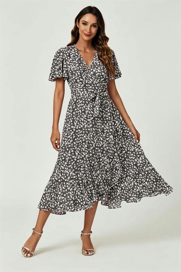 FS Collection Floral Print Midi Wrap Dress In Black